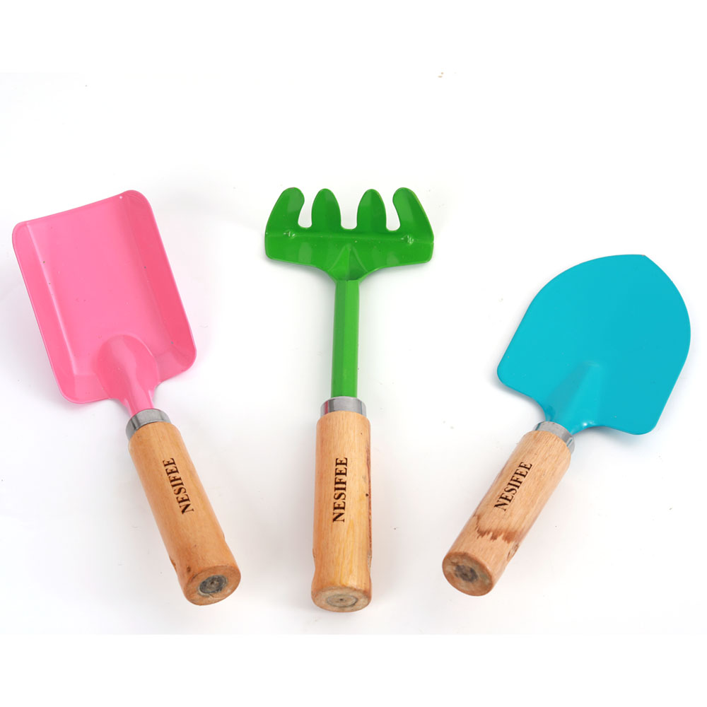 NESIFEE Gardening tools, namely, trowels, weeding forks, spades, hoes,3PCS/Set Gardening Tools Set with Shovel RakeMade Of Metal With Sturdy Wooden Handle Safe Right Size Gardening Tools