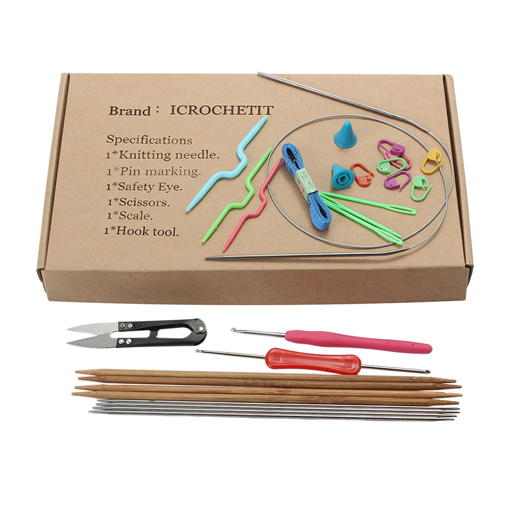 ICROCHETIT Knitting set,Steel Needles, Crochet Needles, Scissors, and knitting tools,Wooden Knitting Set with Knitting Accessories