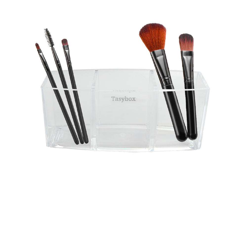 Tasybox Clear Makeup Brush Holder Organizer, 3 Slot Acrylic Brushes Storage, Eyeliners Eyebrow Pencil Display Case