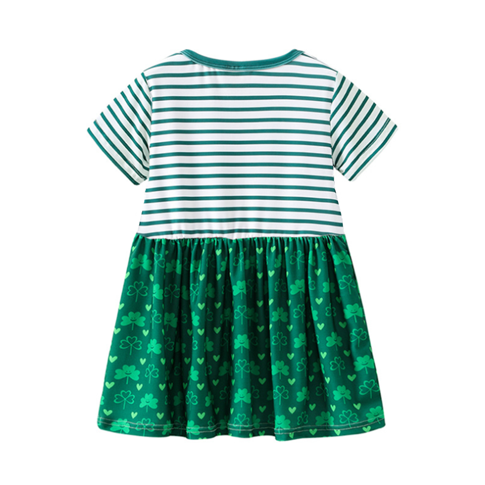 Itibanfuku Little Girls Dress Printed Dress Striped Stitching Short Sleeve Dress （Green-Lucky Grass）