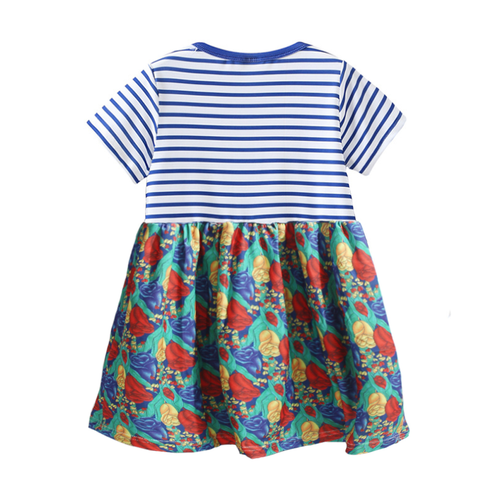 Itibanfuku Little Girls Dress Printed Dress Striped Stitching Short Sleeve Dress（Blue-Artificial Flower）