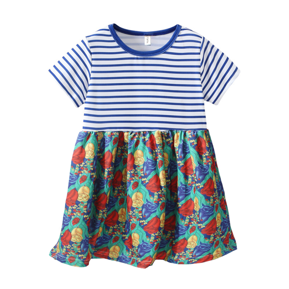 Itibanfuku Little Girls Dress Printed Dress Striped Stitching Short Sleeve Dress（Blue-Artificial Flower）