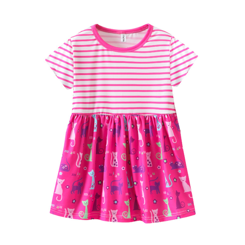 Itibanfuku Little Girls Dress Printed Dress Striped Stitching Short Sleeve Dress（Rose Red-Cat）