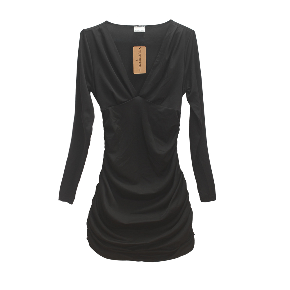 TUTUESTHER Sexy Long Sleeve V-neck Bodycon Dress with Waist-cinching Design