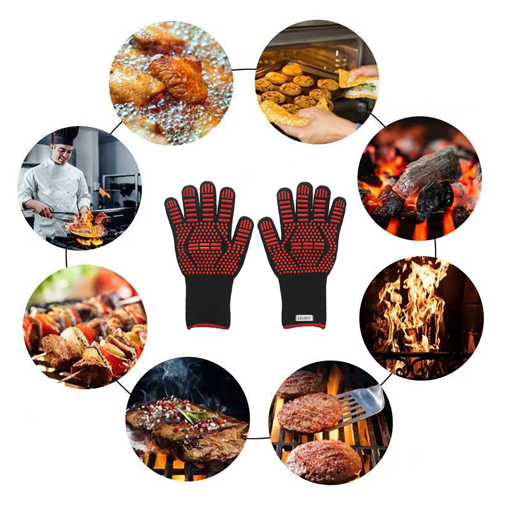 LELEKEY Barbecue Gloves, Gloves Heat Resistant Cooking,Cut Resistant Non-Slip Grilling Gloves for Kitchen and Outdoor Grill Barbecue