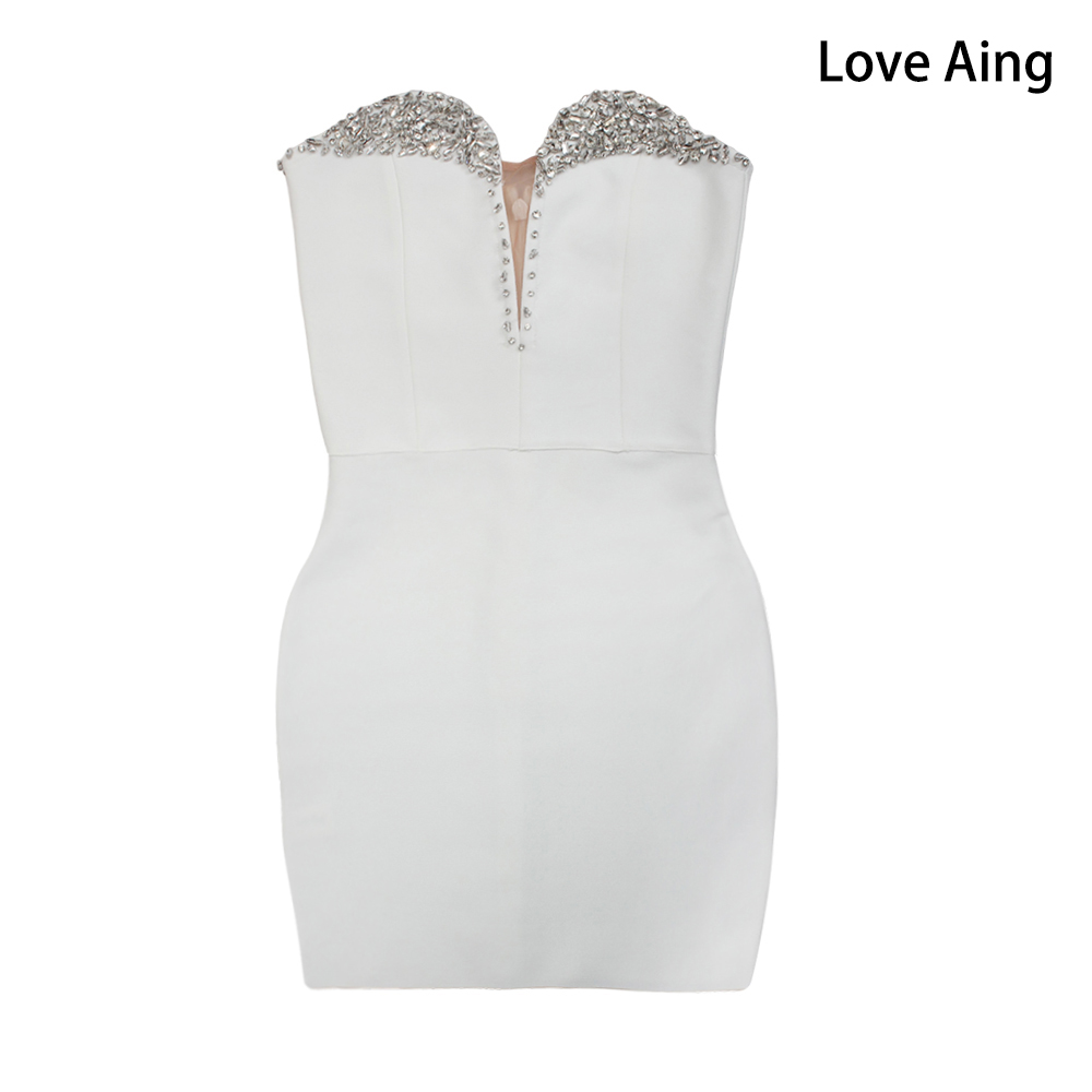 Love AingWomen's ceremonial dresses strapless dress short dance party dress pure white diamond studded design