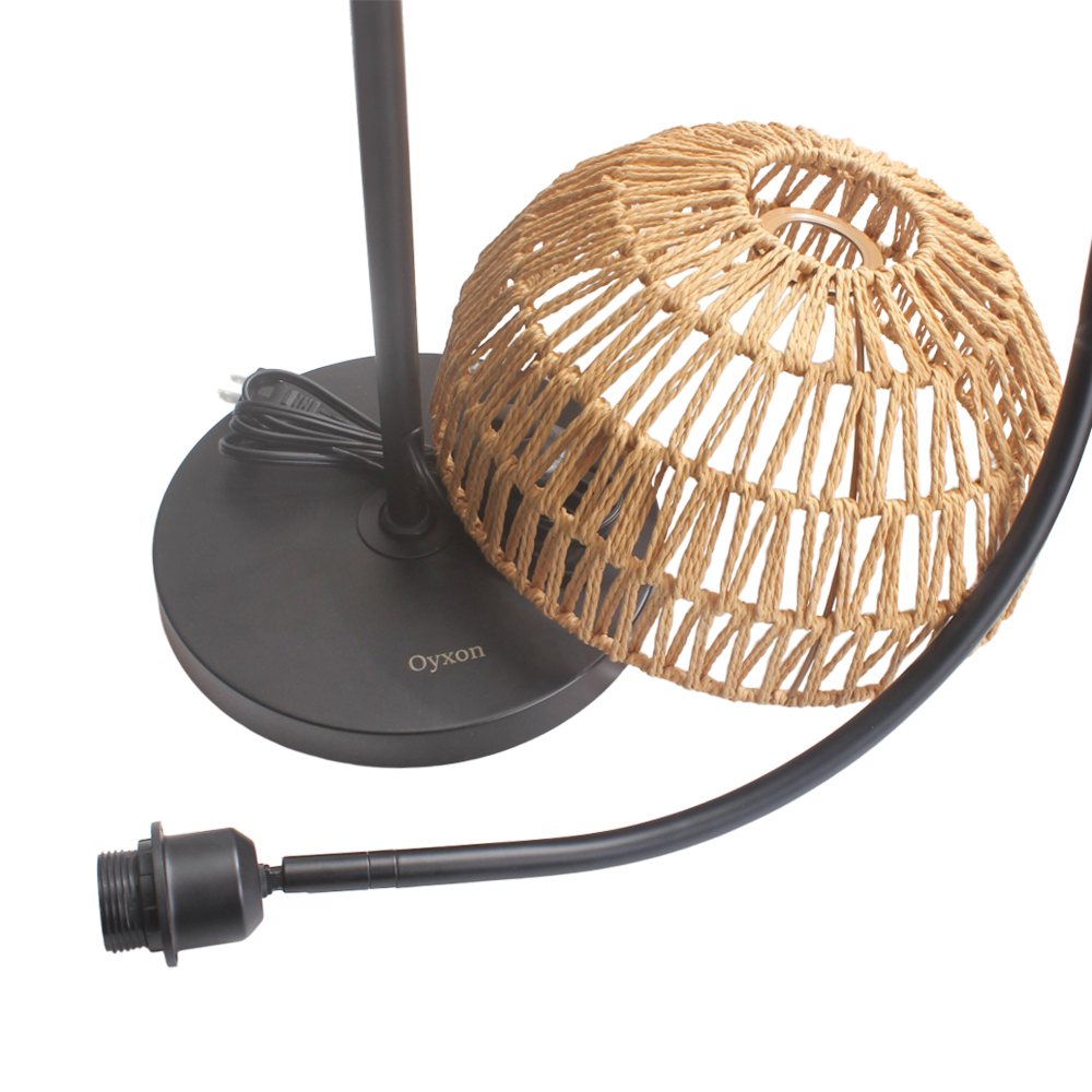 Oyxon Rattan Floor Lamp with Shelves, Farmhouse Tall Floor Lamp with ON/Off Foot Switch, Rustic Standing Lamp with Rattan Shades(Rattan+Black)