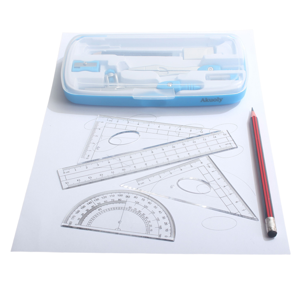 Akuoly Drawing Rulers Set,2 Drafting Compasses with Maths Protractor Set Squares Ruler and More for Students Starters Homework etc.