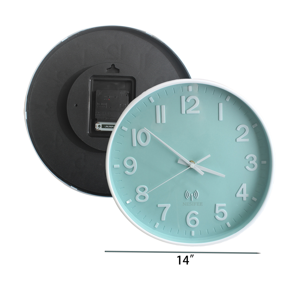 NESIFEE 14" wall clock, silent clock, plastic wall clock, living room electronic wall clock