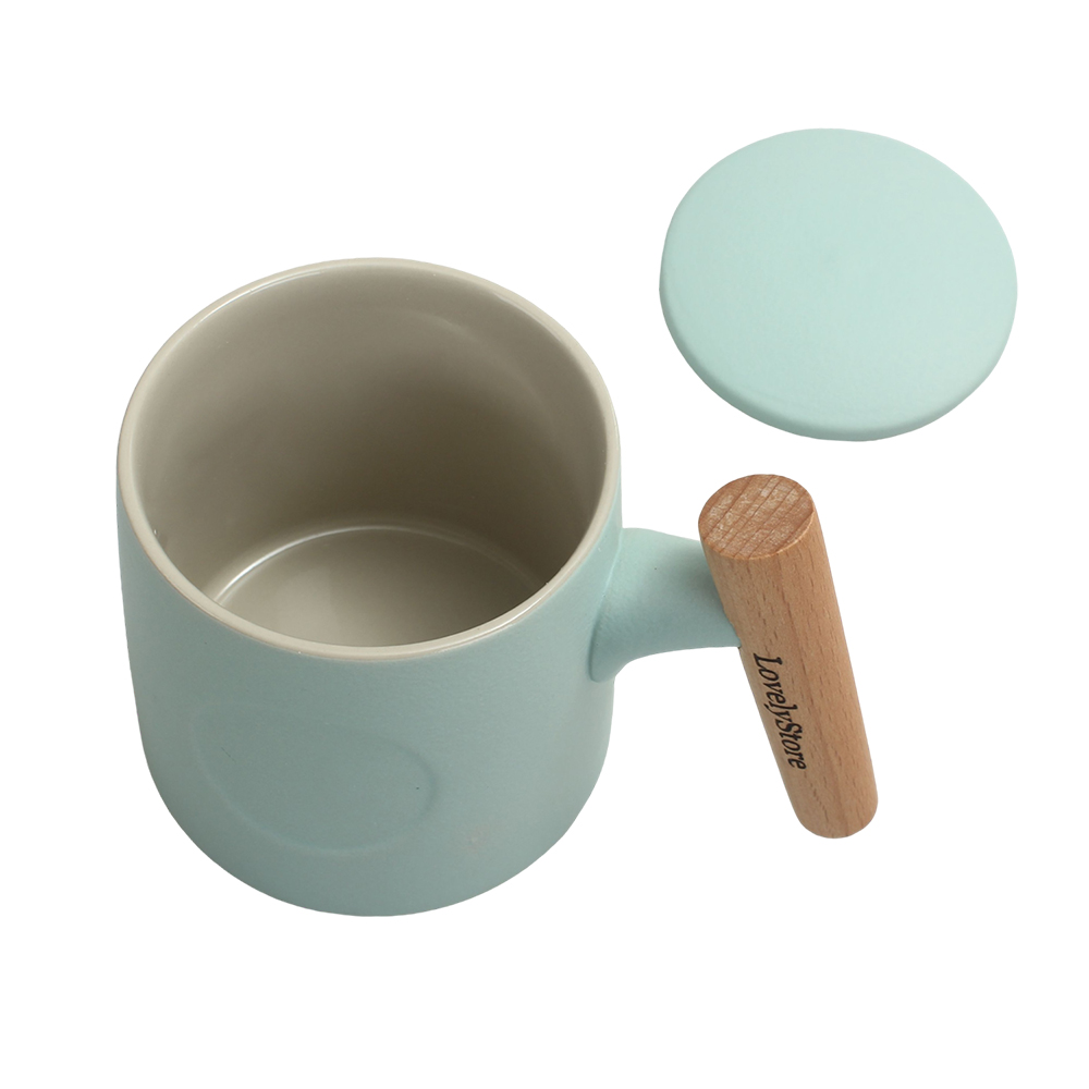 LovelyStore Wooden Handle Ceramic Mug with Lid,450ml/15oz Home Office Ceramic Mug for Tea and Coffee