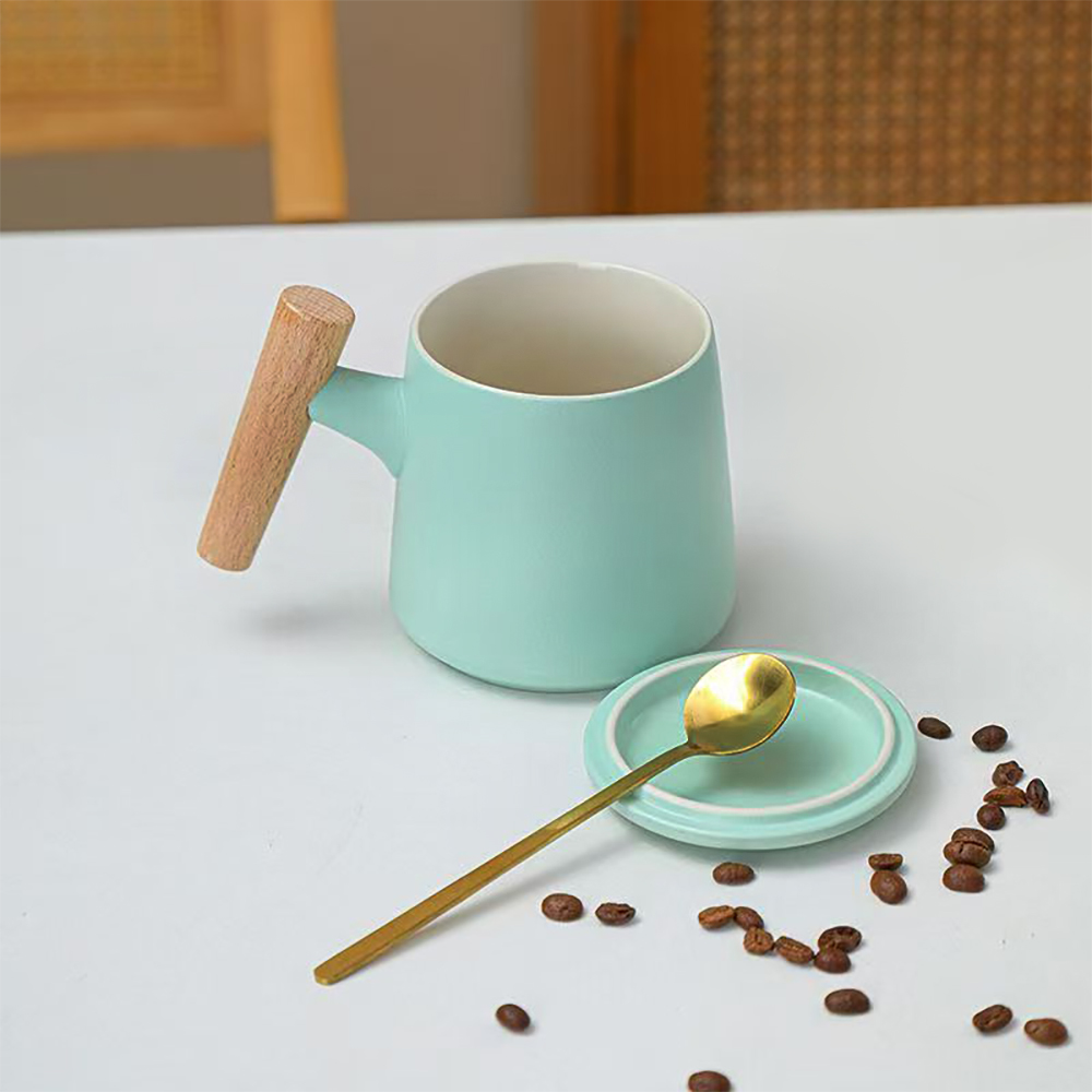 LovelyStore Wooden Handle Ceramic Mug with Lid,450ml/15oz Home Office Ceramic Mug for Tea and Coffee