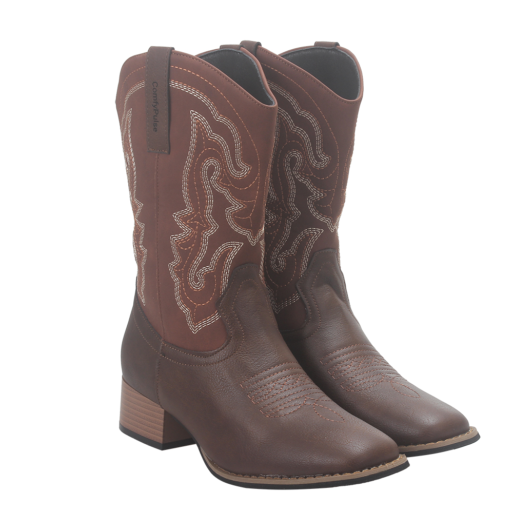 ComfyPulse Western Style Low Heel Comfort Cowboy Boots - Women's Wide Calf Square Toe Embroidered Boots, Non-Slip Mid-Calf Daily Wear Booties ComfyPulse Western Style Low Heel Comfort Cowboy Boots - Women's Wide Calf Square Toe Embroidered Boots, Non-Slip Mid-Calf Daily Wear Booties