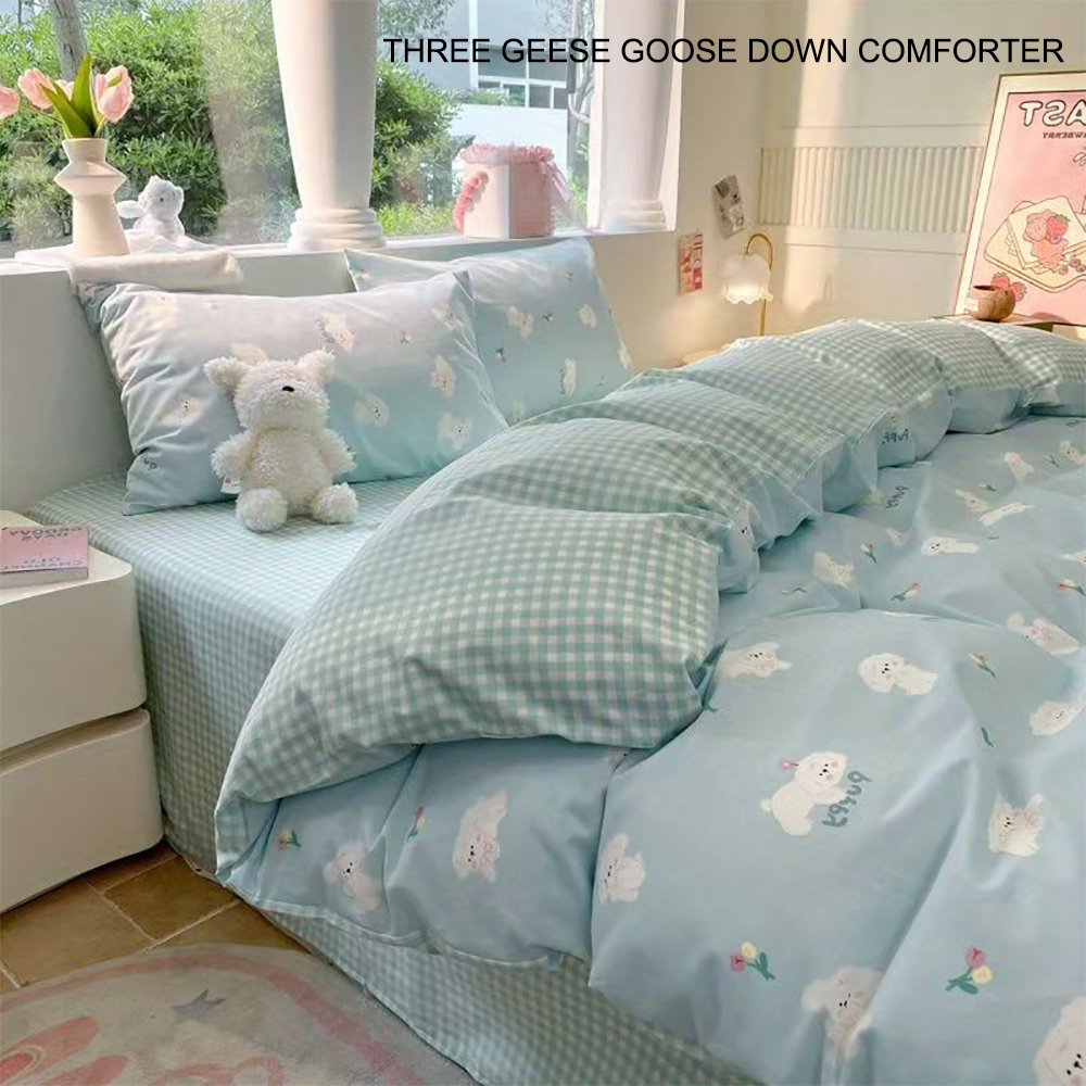 THREE GEESE GOOSE DOWN COMFORTER Bed sheet set with fresh printed puppy pattern, washed cotton, household four piece set