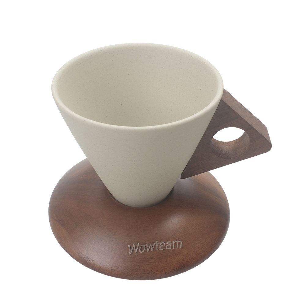 Wowteam Unique Conical Ceramic Coffee Cups Set with Wooden Saucer & Handle - Perfect for Home, Office, Afternoon Tea Wowteam Unique Conical Ceramic Coffee Cups Set with Wooden Saucer & Handle - Perfect for Home, Office, Afternoon Tea