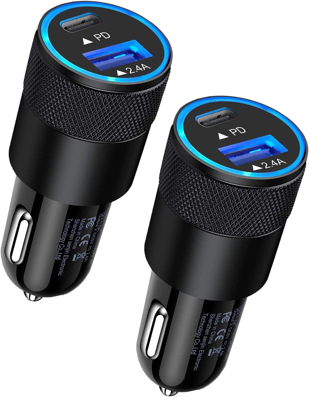 30W USB C Car Charger, [2Pack] PD 3.0 Fast Charge Dual Port USB Type C and 2.4a USB A Cargador Carro Lighter Adapter Base.